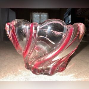 Mikasa Peppermint Red‎ Swirl Crystal Glass Candy Bowl 2.5”T 4”D